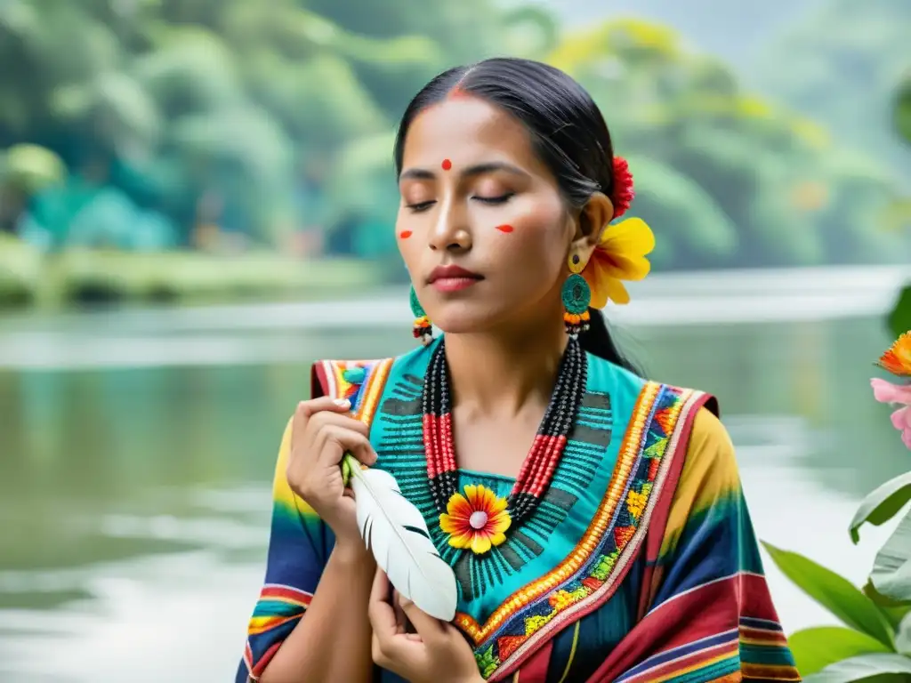 Una mujer maya tradicional con atuendo colorido y una pluma, junto a un río y flores