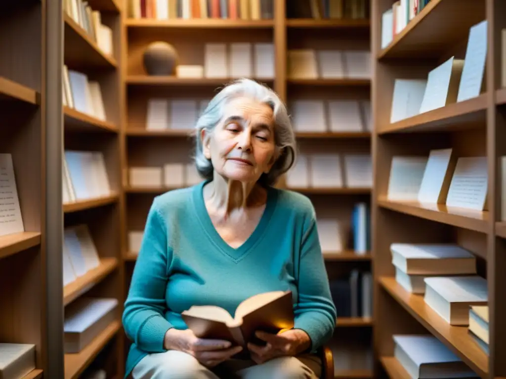 Una mujer mayor abrazando un poema mientras la luz de la tarde ilumina su rostro sereno, rodeada de libros