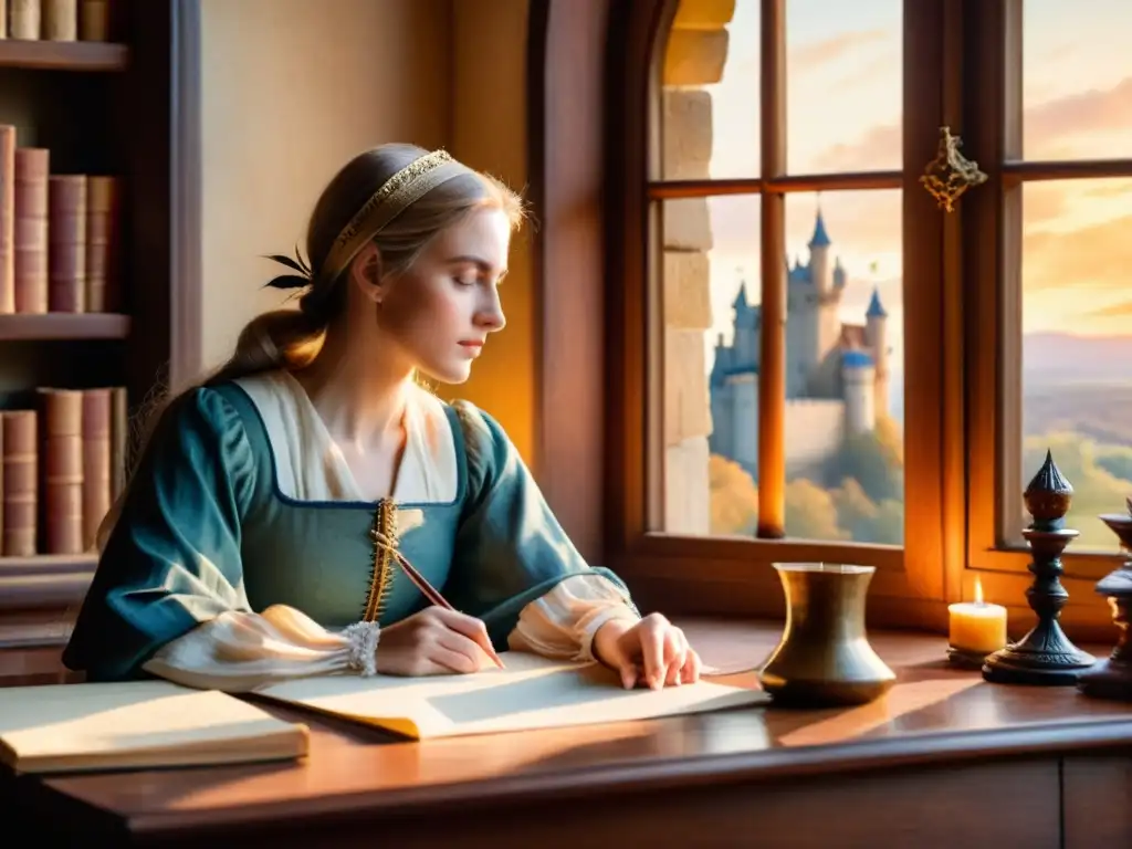 Una mujer medieval concentrada en su escritura, rodeada de plumas y tinteros, contempla un castillo a lo lejos