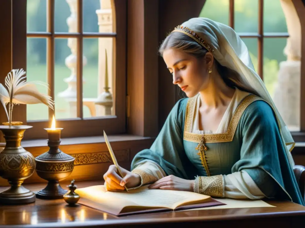 Una mujer medieval escribe poesía en un escritorio rodeada de papel, plumas e tinta, con un aura de creatividad y feminidad