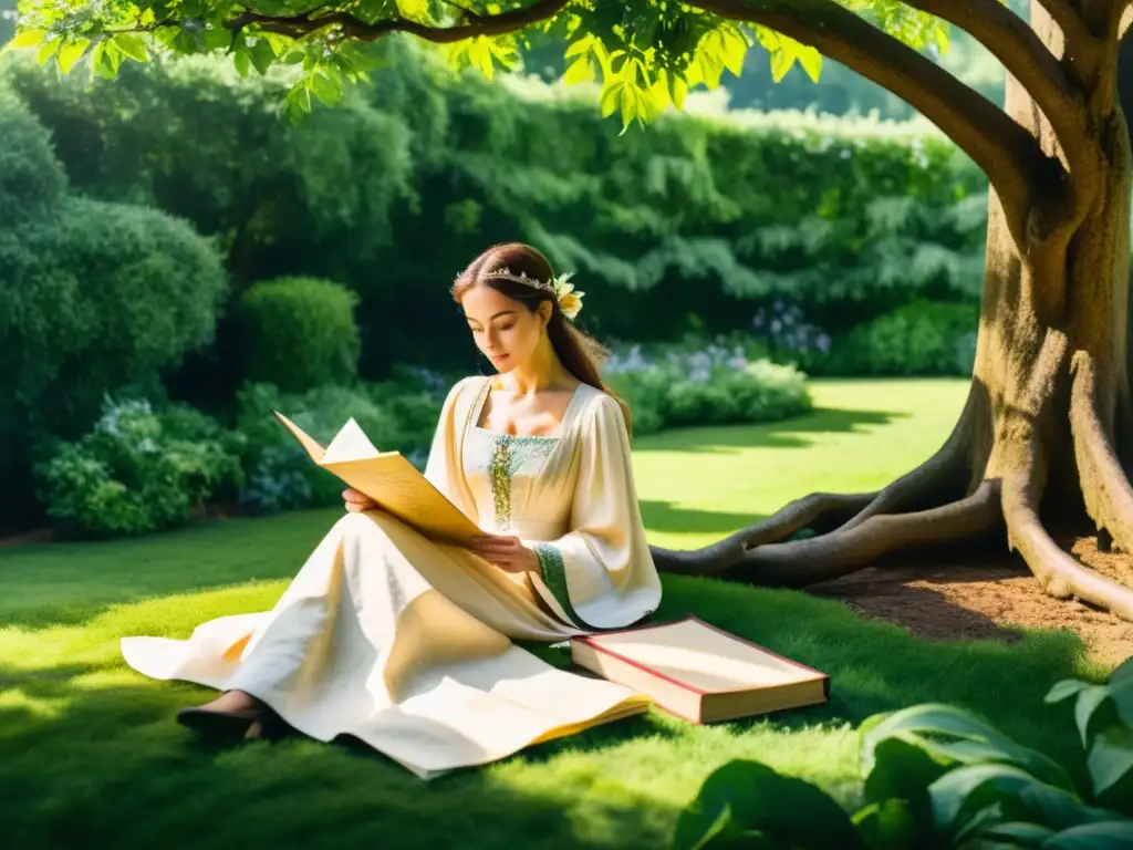 Una mujer medieval escribe poesía en un jardín rodeada de papel antiguo, creando un ambiente de contemplación y creatividad