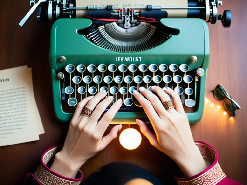 Una mujer crea poesía como manifiesto feminista en una máquina de escribir vintage, con manos adornadas con intrincados diseños de henna