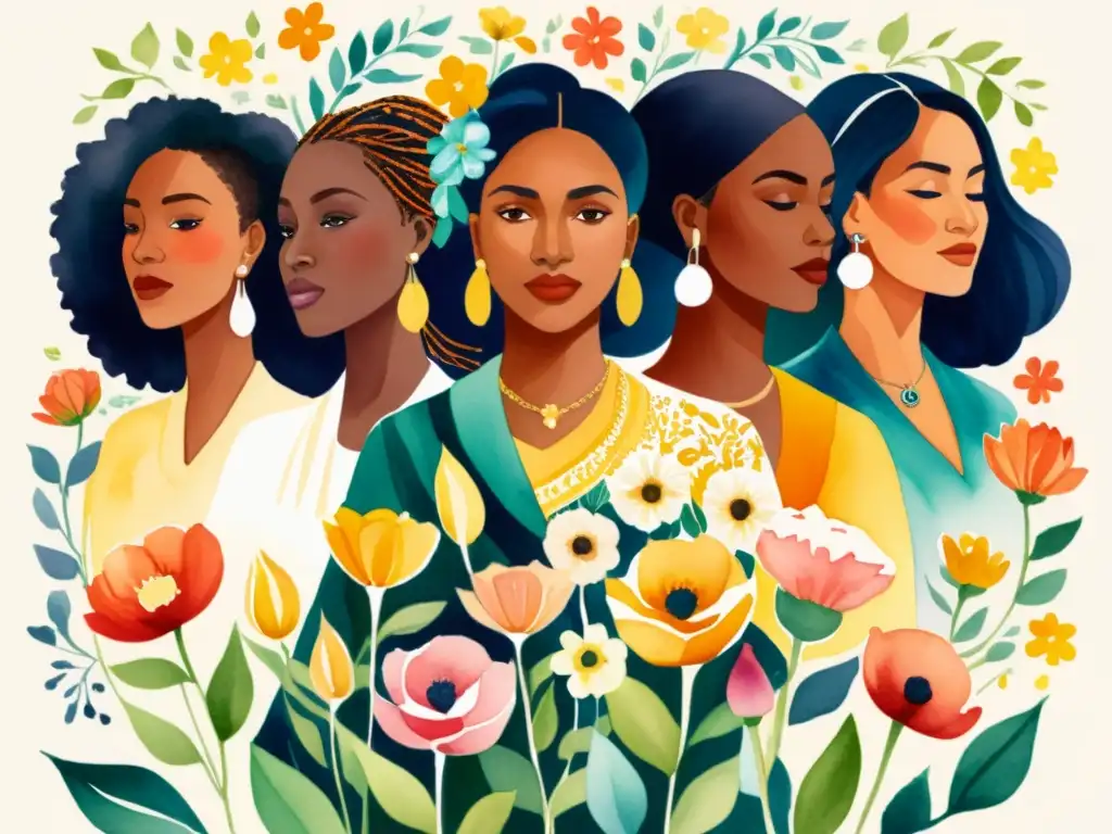 Ilustración acuarela de mujeres diversas sosteniendo flores, rodeadas de poesía feminista como herramienta de cambio y empoderamiento