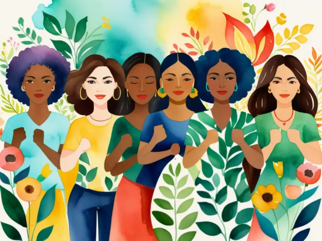 Diversas mujeres unidas en solidaridad, rodeadas de flores y mostrando determinación