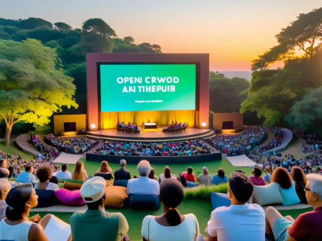 Multitud diversa en anfiteatro al aire libre, escuchando poesía en múltiples idiomas