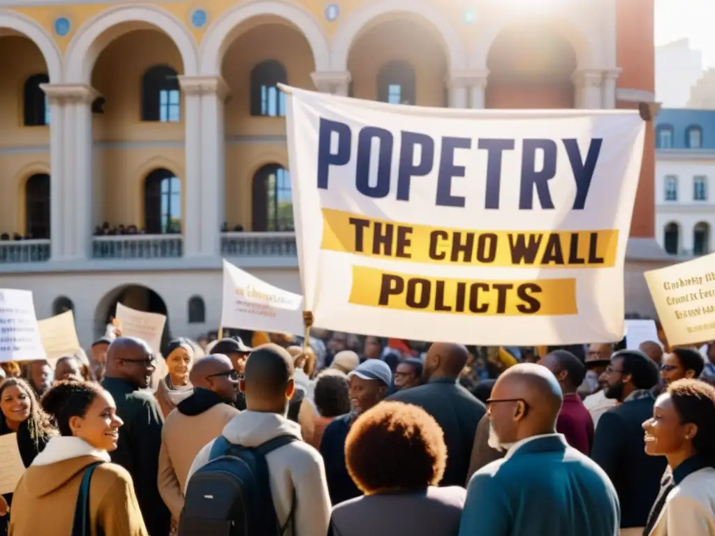 Multitud diversa en plaza de la ciudad, con pancartas de poesía en distintos idiomas