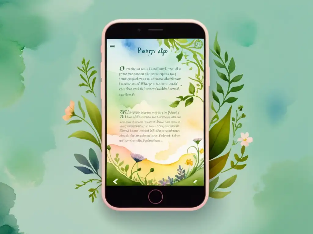 Un mundo de poesía interactiva en una ilustración acuarela: un móvil muestra una app rodeada de suaves flores y tipografía