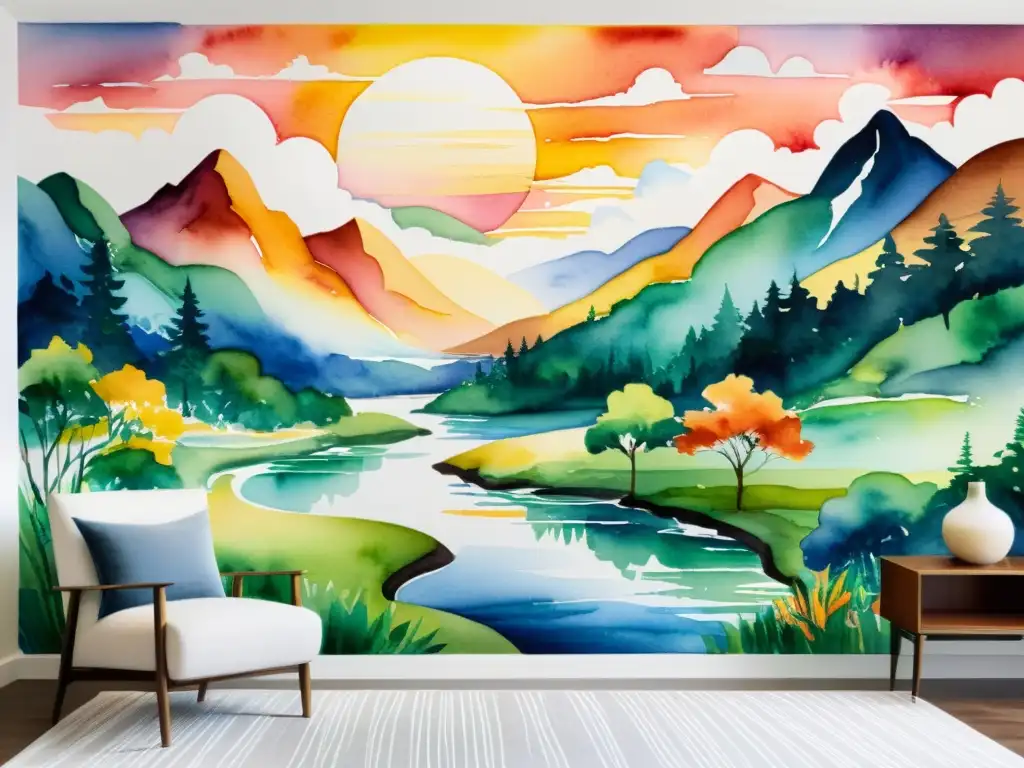 Un mural de acuarela vibrante con un paisaje natural sereno y un poema en caligrafía elegante integrado en la escena