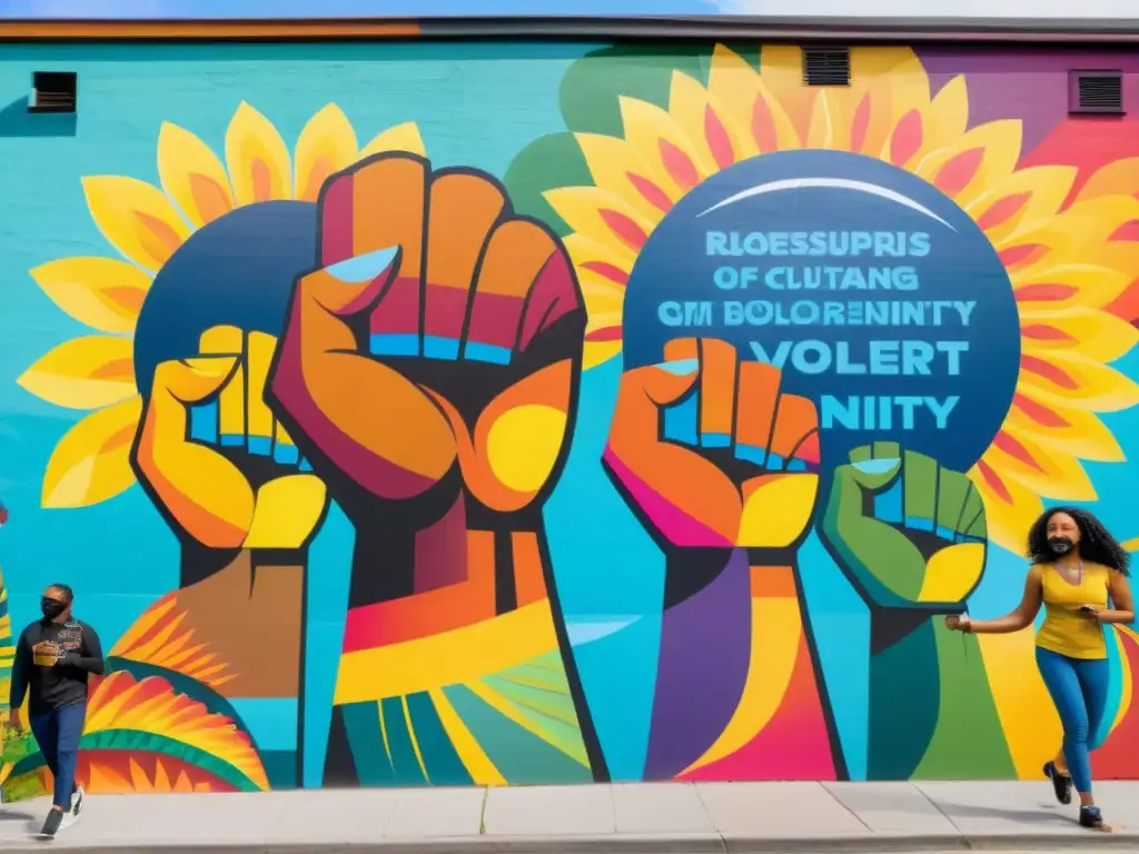 Un mural callejero vibrante representa la diversidad y unidad a través de la poesía en movimientos sociales