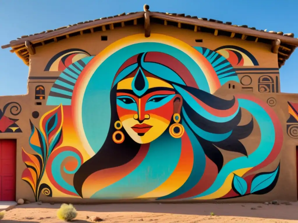 Un mural de colores vibrantes y símbolos indígenas entrelazados con poesía en una lengua nativa, pintado en una pared de adobe