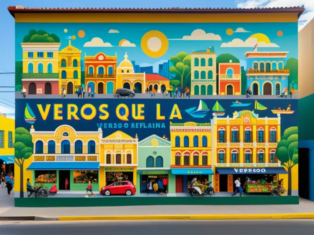 Un mural detallado muestra la vida urbana moderna, con 'versos que reflejan la actualidad' entre edificios