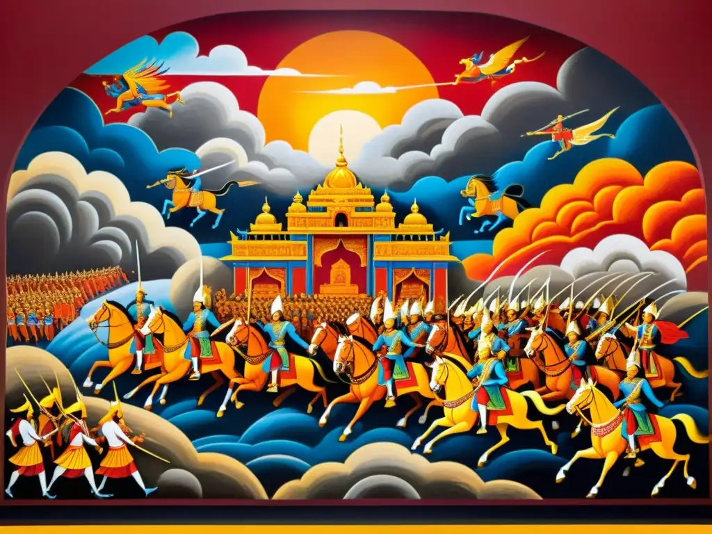 Un mural de poesía épica India Mahabharata influye en la épica batalla de Kurukshetra, con escenas detalladas y colores vibrantes