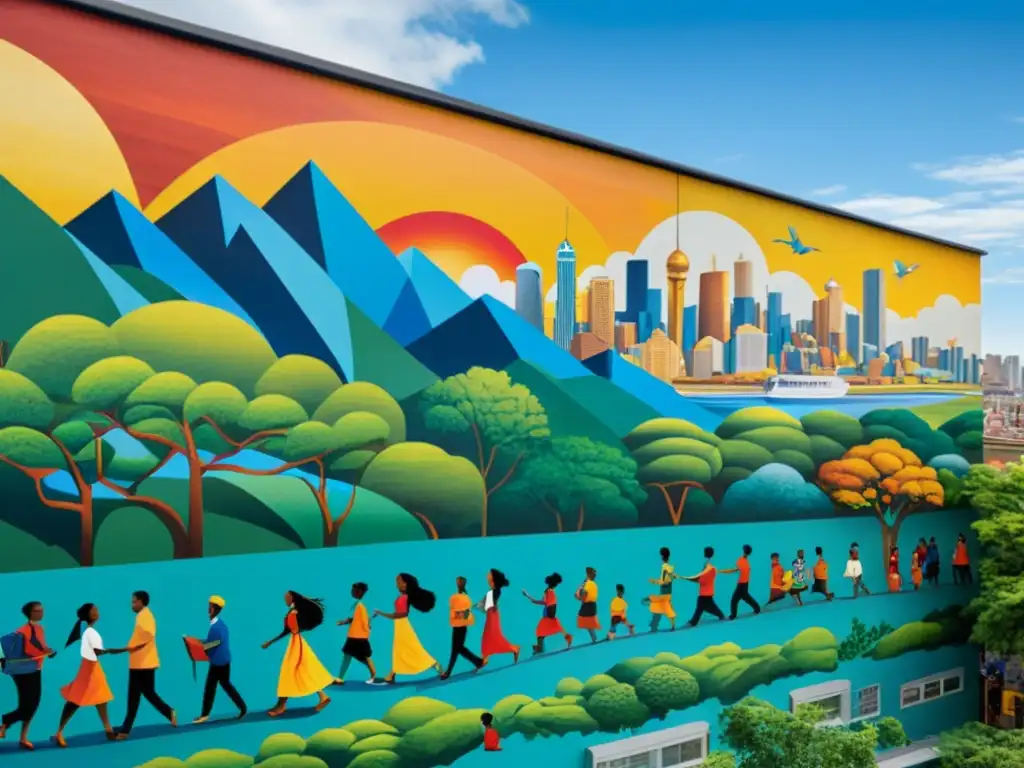 Un mural expansivo en la ciudad captura la crítica globalización económica con poesía y arte, mostrando la diversidad y conexión global