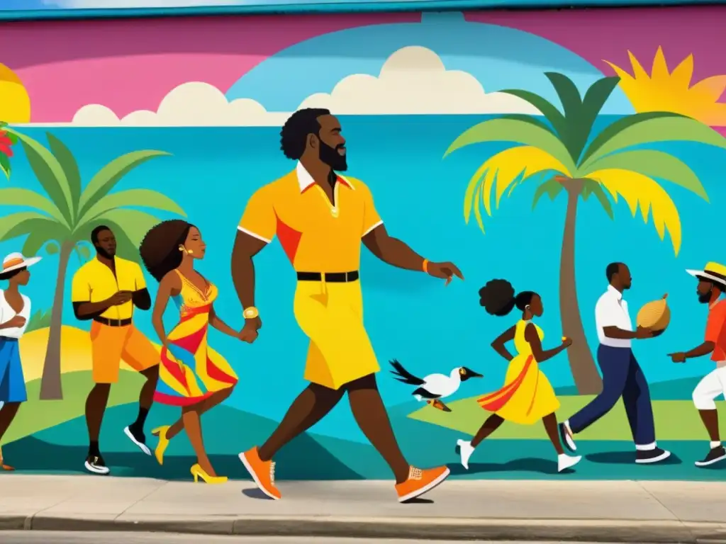 Un mural vibrante y colorido que representa escenas de la vida caribeña, con movimientos rítmicos y vibrantes capturados en las pinceladas