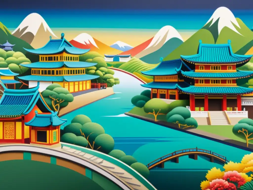 Un mural vibrante y detallado que representa escenas diversas de la vida moderna en Asia, capturando la energía y la diversidad de la región