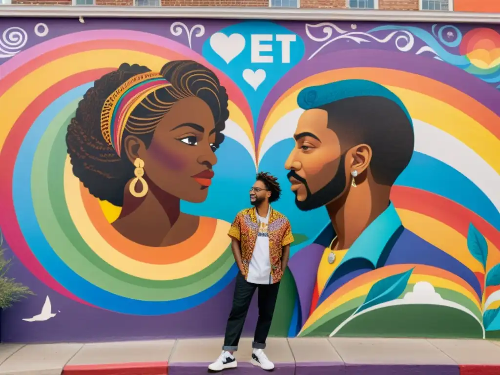 Un mural vibrante y detallado celebra la poesía LGBTQ+ a lo largo de la historia, mostrando poetas unidos en solidaridad y creatividad