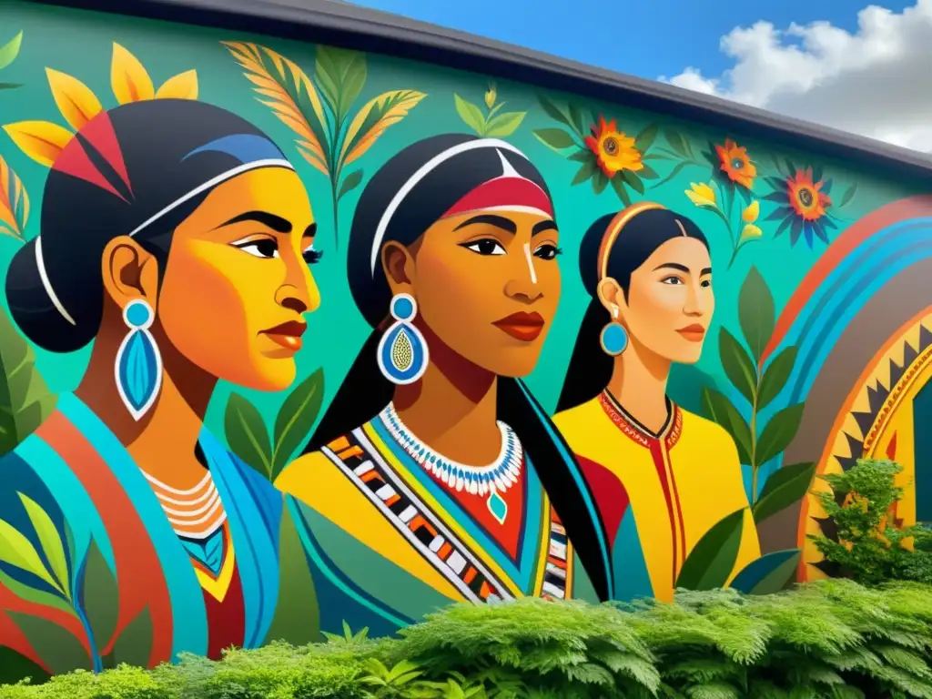 Un mural vibrante y detallado muestra poetas indígenas de diversas culturas, vestidos tradicionalmente y sosteniendo plumas