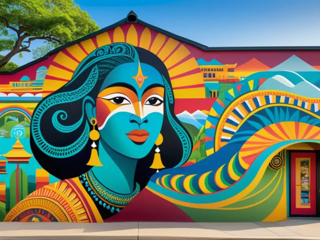 Un mural vibrante e intrincado que fusiona símbolos culturales de todo el mundo en una poesía visual como puente cultural