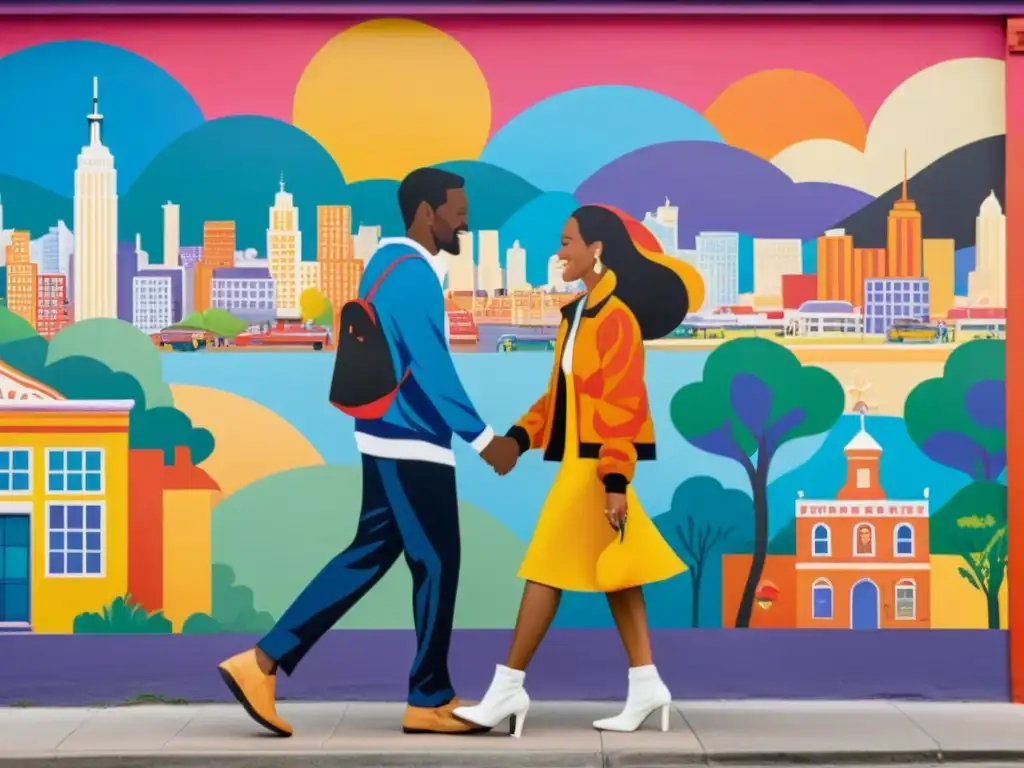 Un mural vibrante y multicolor que retrata parejas diversas de distintas etnias, edades y géneros, expresando amor en formas variadas