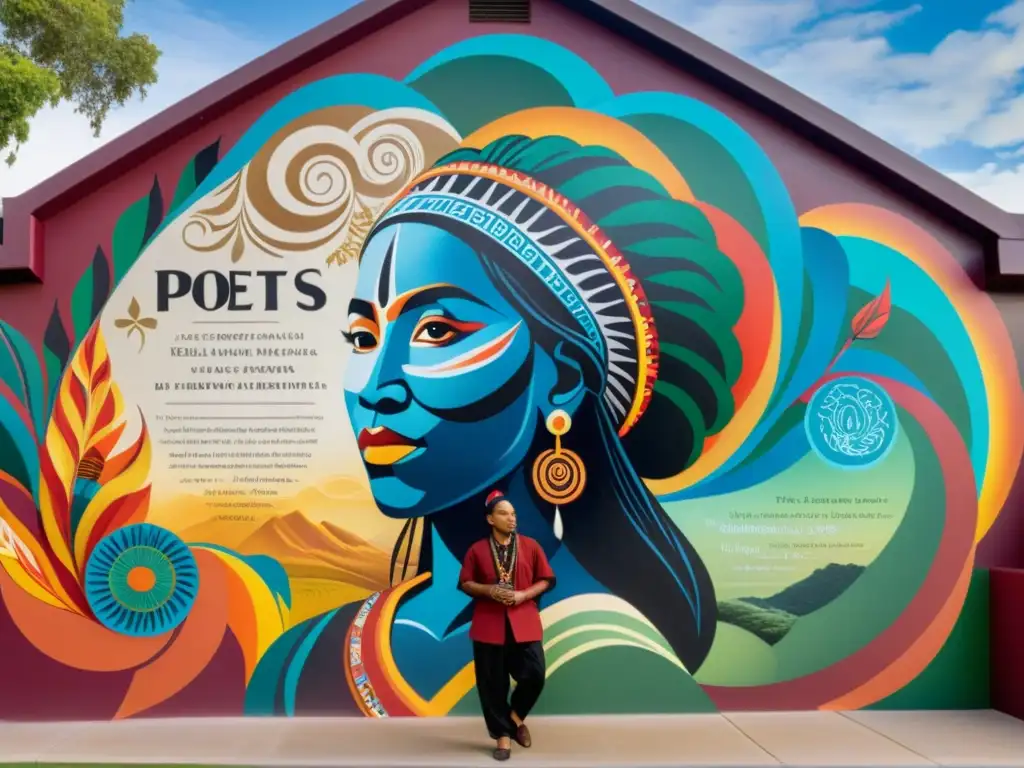 Un mural vibrante de poetas indígenas del siglo XXI, rodeados de símbolos y paisajes naturales, creando un poderoso tableau de voces literarias