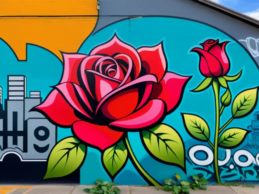 Un mural vibrante de una rosa roja floreciendo entre un caótico telón de fondo urbano, con grafitis y colores vibrantes que la rodean