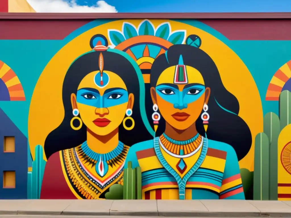 Un mural vibrante que fusiona símbolos indígenas y arquitectura colonial, en colores contrastantes y detalles intrincados