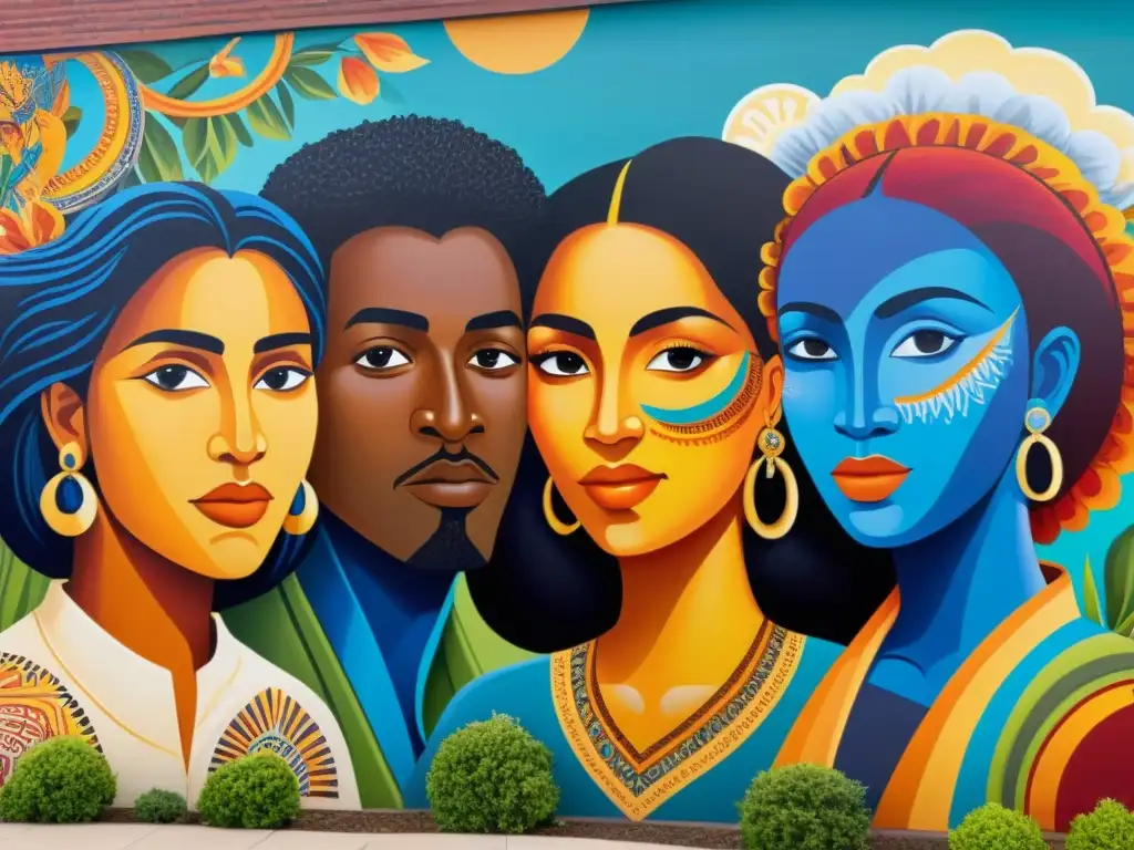 Un mural vibrante que representa la unidad en la diversidad, con personas de distintas culturas creando poesía en el movimiento diaspórico