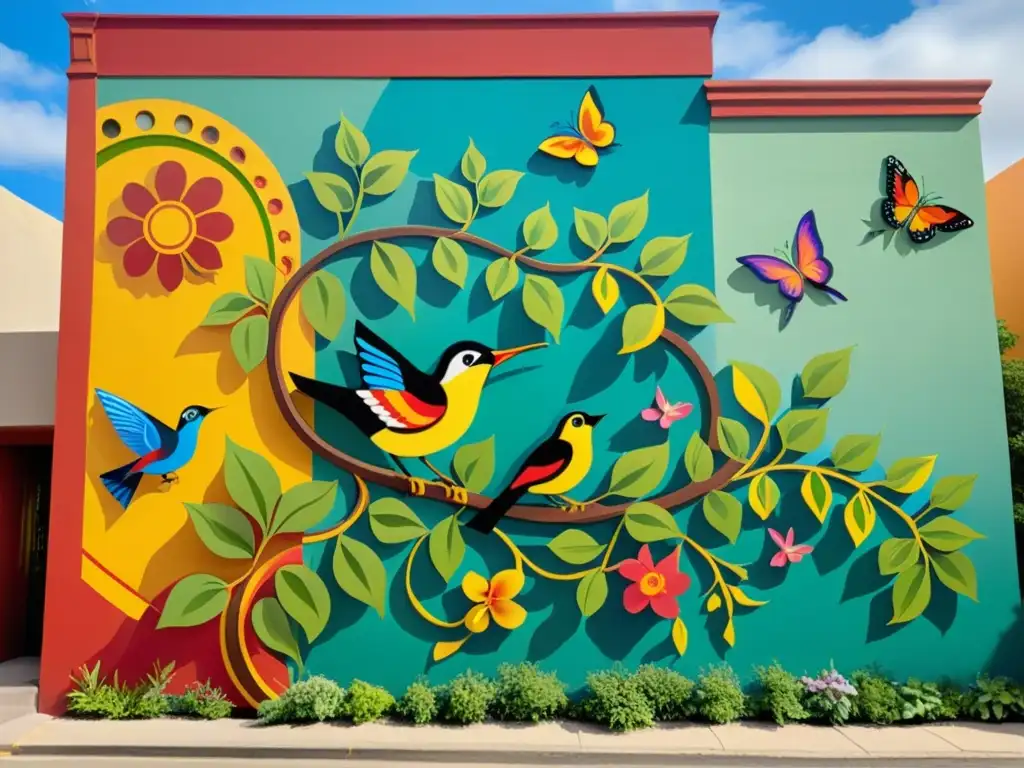 Un mural vibrante con viñas, flores, aves y mariposas en fusión artística hispanoamericana, bañado por cálida luz dorada