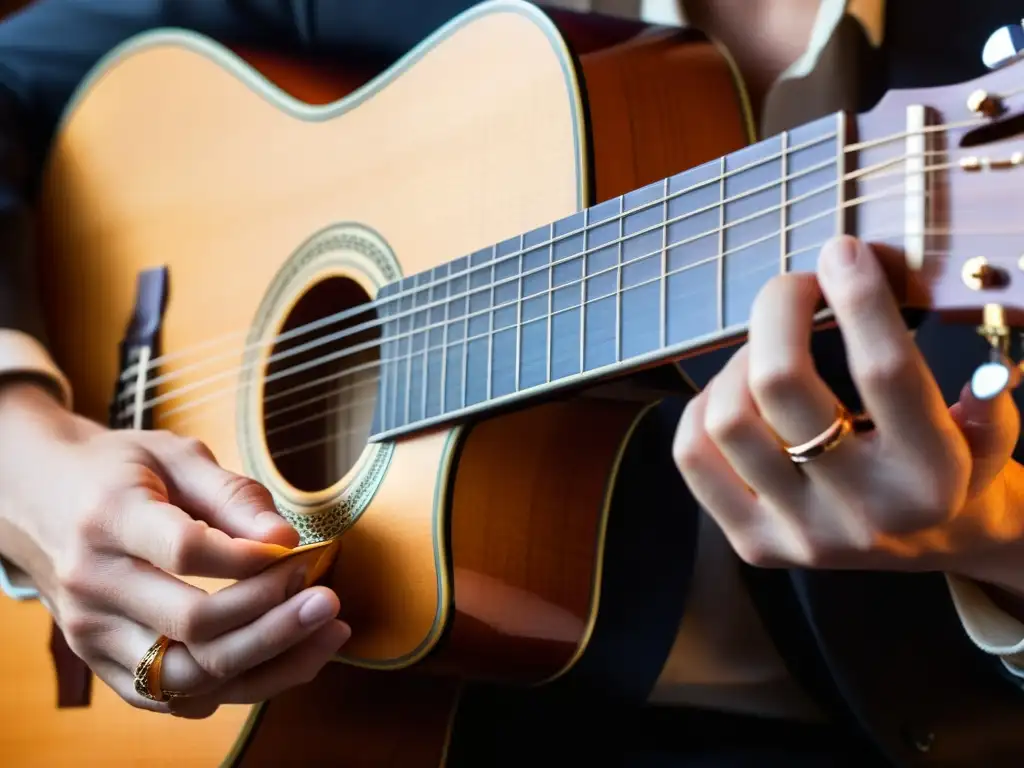 Un músico ejecuta una aliteración en la poesía al delicadamente pulsar las cuerdas de una guitarra clásica, creando música con destreza y pasión