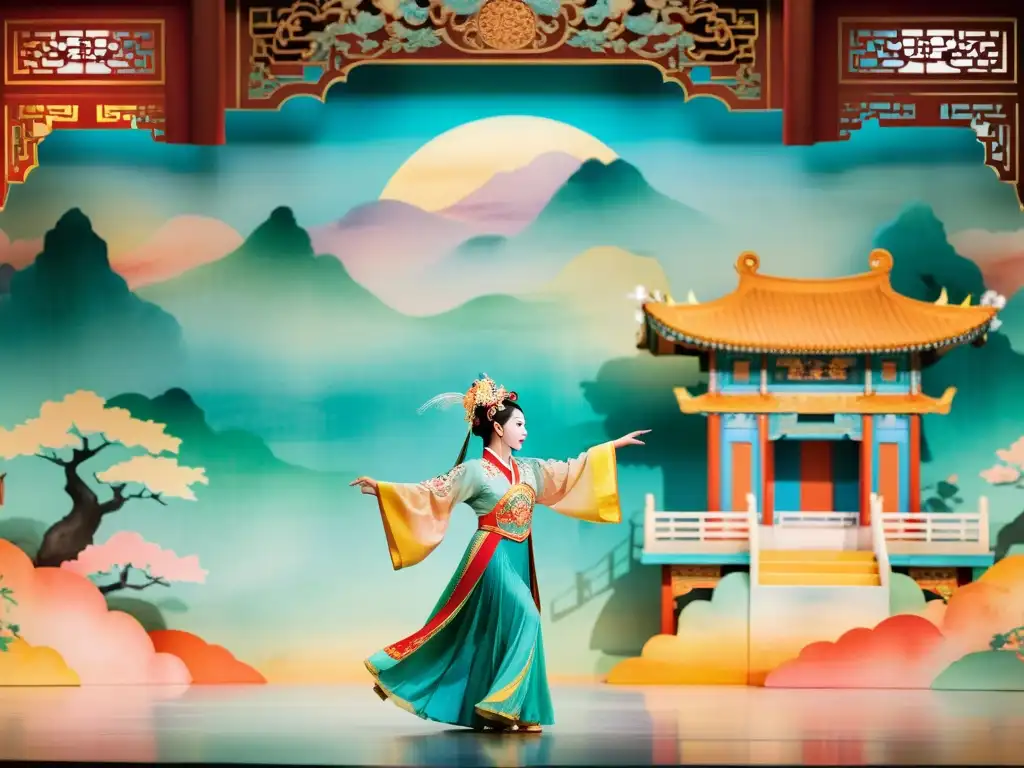 Narrativa poética en óperas chinas traducidas: Escenario de ópera con actores y decorados vibrantes en suaves tonos acuarela