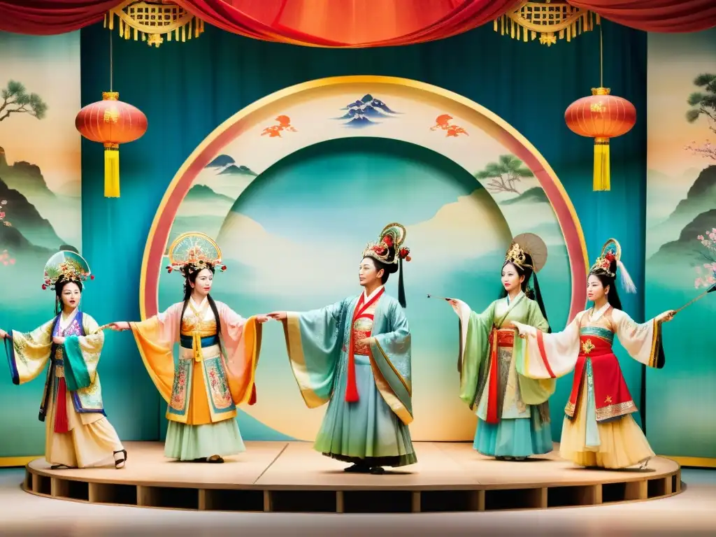 Narrativa poética en óperas chinas traducidas: Escenario de ópera tradicional china con actores, vestuarios vibrantes y movimientos expresivos