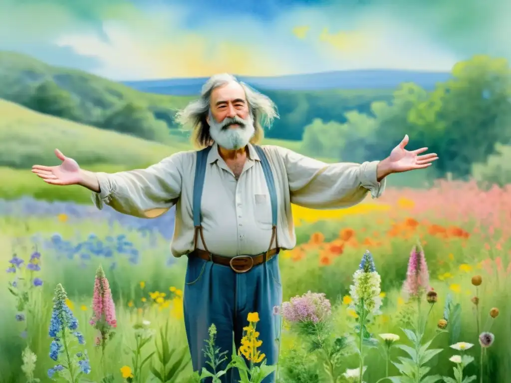 Walt Whitman disfruta la naturaleza entre flores silvestres, transmitiendo libertad y poesía