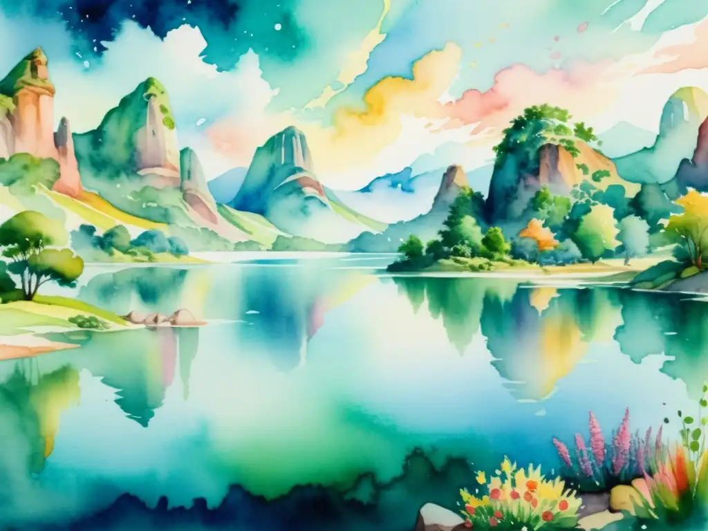 NFTs poéticos sostenibles en tiempo: pintura acuarela de paisaje surrealista con lago sereno, vegetación exuberante y formaciones rocosas