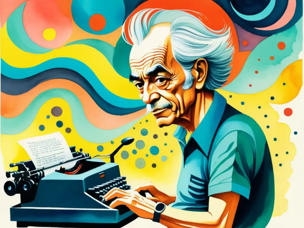 Nicanor Parra en acuarela rodeado de imágenes surrealistas y vibrantes, reflejando su antipoesía desafiando convenciones