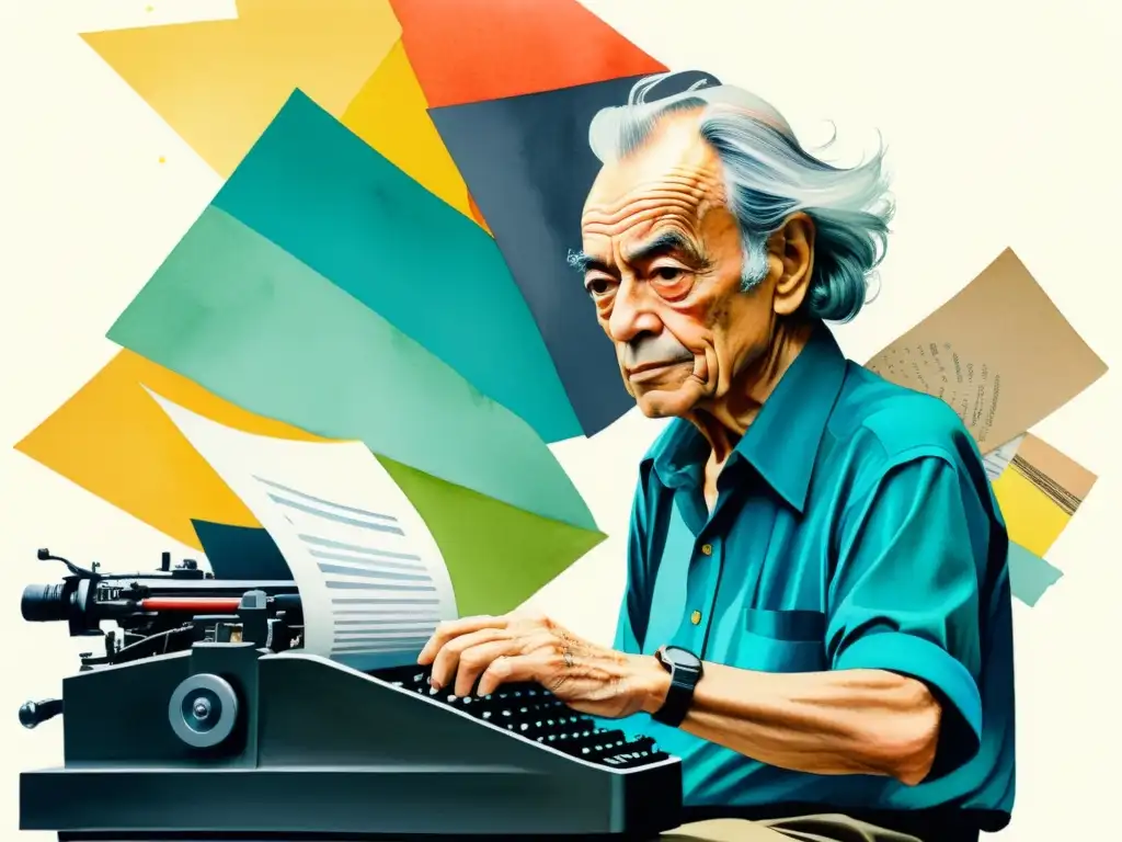 Nicanor Parra, antipoesía y desafío a convenciones, en una vibrante pintura acuarela que captura su espíritu creativo desafiante