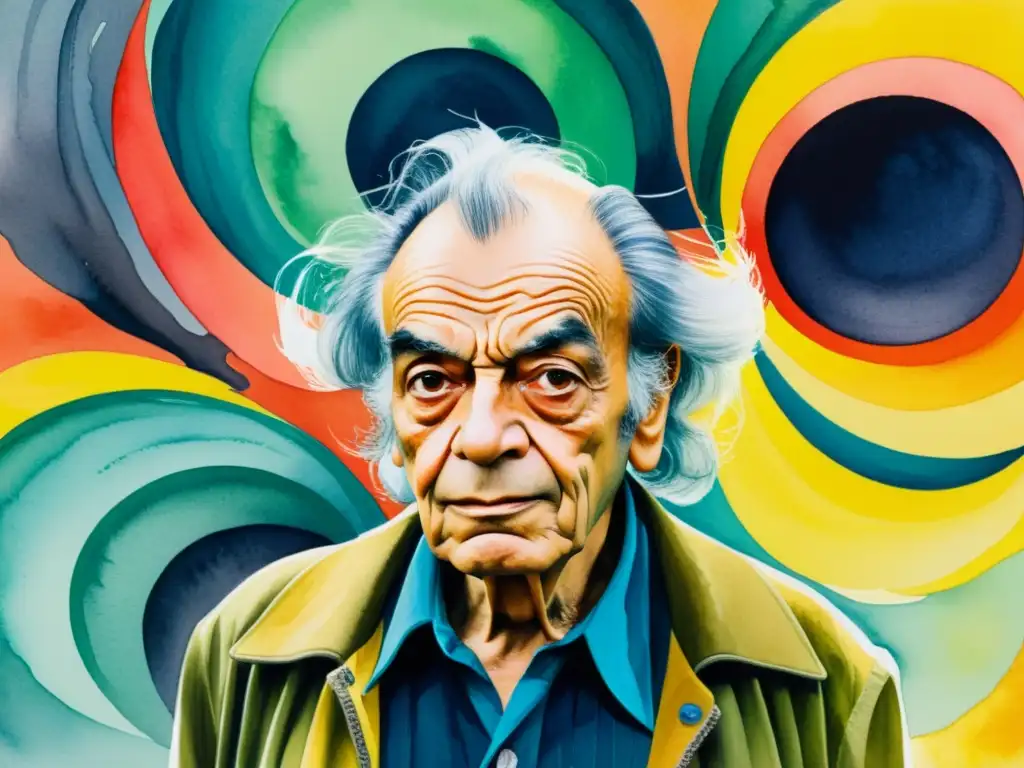 Nicanor Parra desafía convenciones en vibrante pintura acuarela, simbolizando la antipoesía con colores expresivos y caóticas formas abstractas