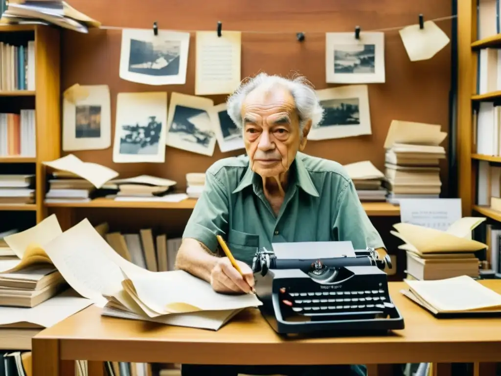 Nicanor Parra inmerso en su antipoesía, desafiando convenciones en su caótico escritorio