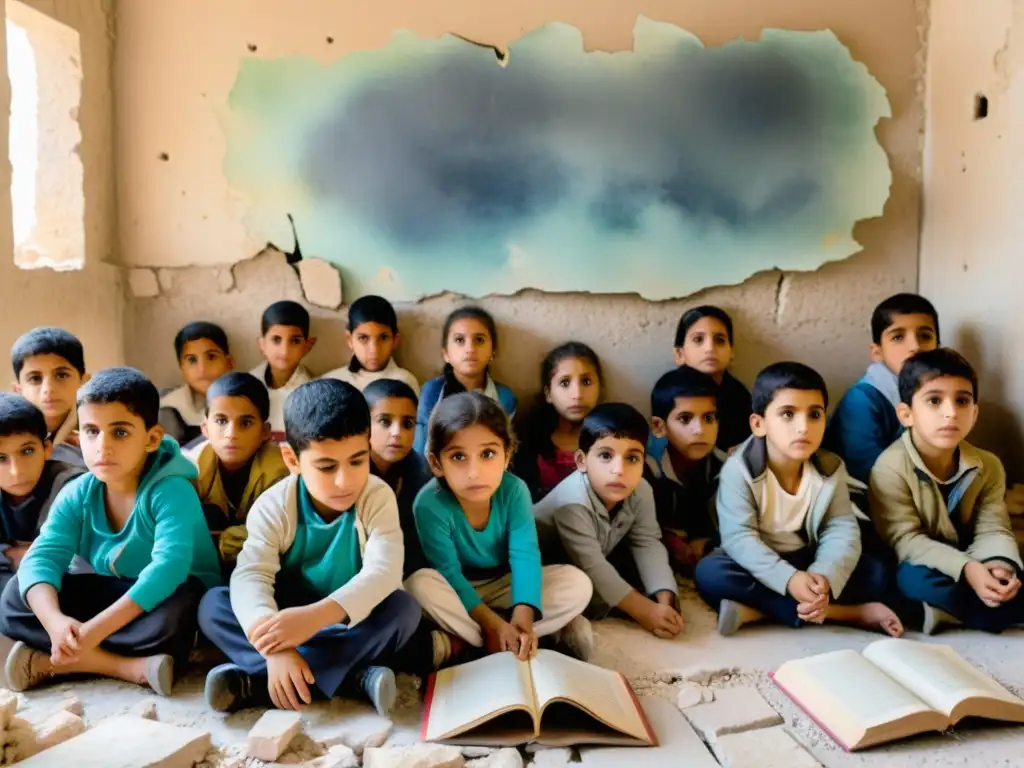 Niños en aula improvisada en ciudad destruida Siria, escuchando poema, reflejando miedo, esperanza y resiliencia