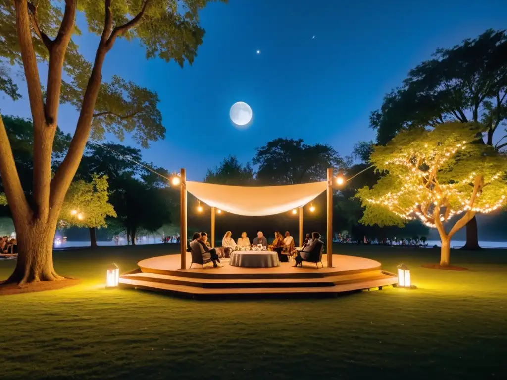 Una noche de luna en un parque tranquilo con recitales de poesía bajo las estrellas