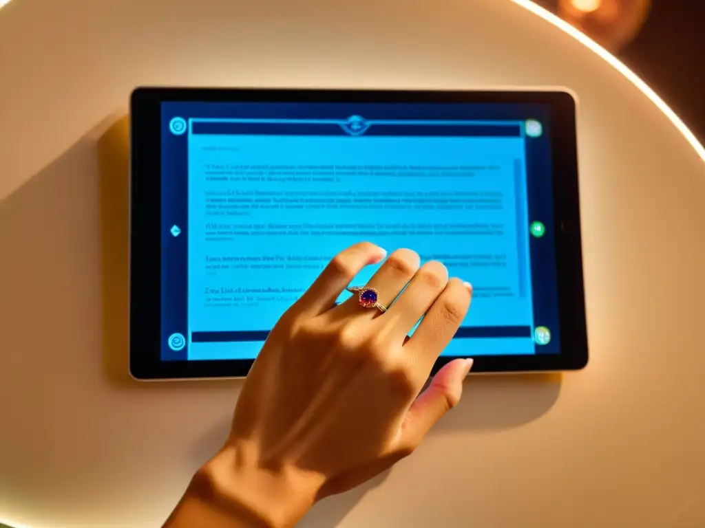 Nuevos hábitos de consumo poético: Mano en tablet con poesía digital, joyería delicada y luz ambiente cálida