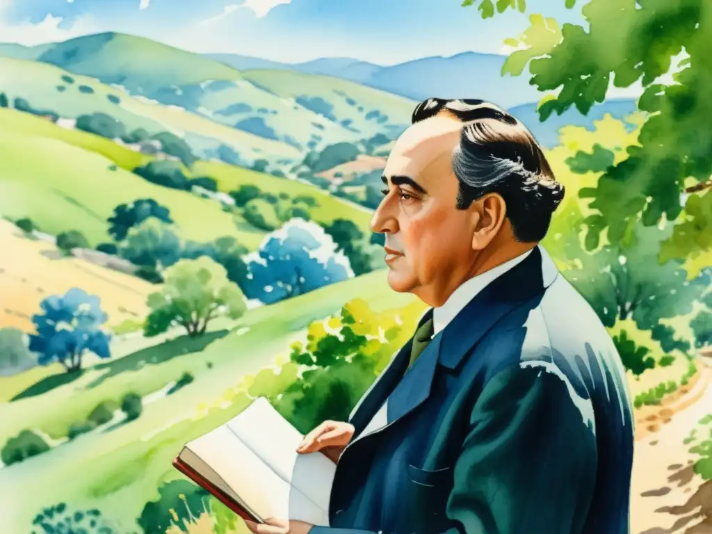 Obra acuarela detallada de Antonio Machado reflexionando en un paisaje español pintoresco, con árboles verdes, colinas y cielo azul