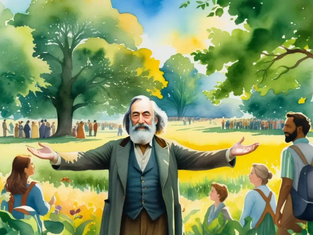 Obra acuarela detallada de Walt Whitman en un prado vibrante, rodeado de diversidad y expresando inclusividad