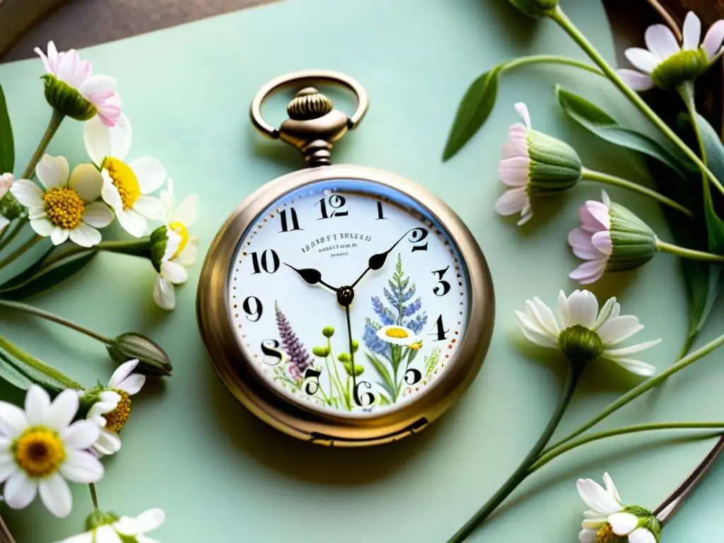 Una obra de acuarela detallada con un reloj de bolsillo vintage entre flores silvestres, poesía entrelazada, inspiración poética y elegancia atemporal