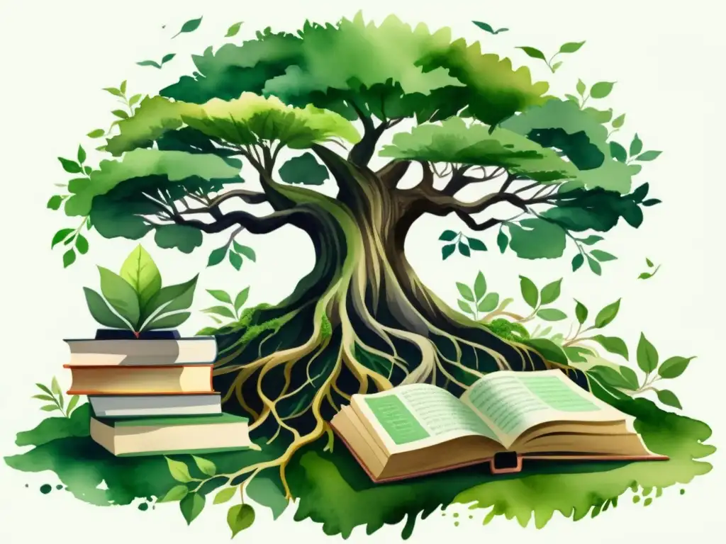 Obra de acuarela de un sabio árbol con raíces extendidas, rodeado de libros de poesía antiguos y dispositivos digitales, simbolizando la enseñanza de la poesía en la era digital con la fusión armoniosa de tradición e innovación