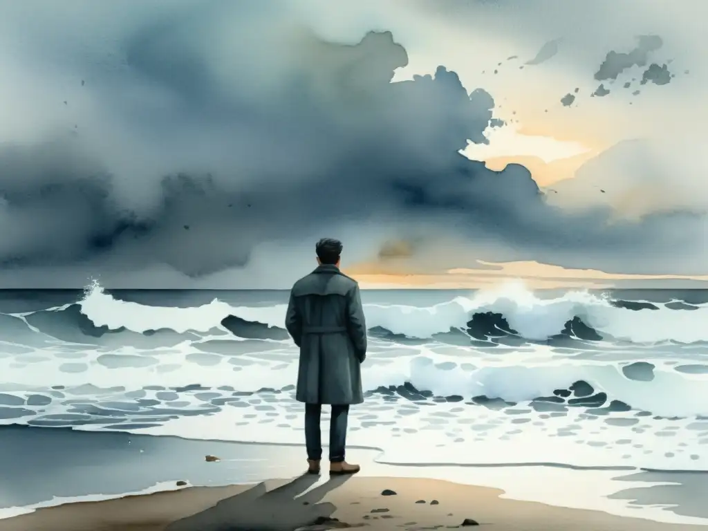 Melancolía en la playa: pintura acuarela inspirada en Mario Benedetti Obra de arte en acuarela de una figura solitaria en una playa desolada, contemplando el mar turbulento bajo un cielo sombrío