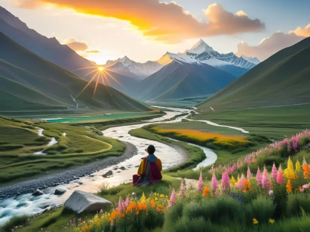 Obra de arte acuarela: paisaje sereno tibetano con poesía espiritual y resistencia cultural