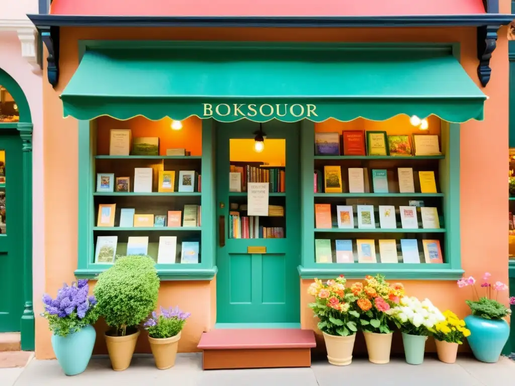 Promocionar la obra poesía en librerías locales: Encanto de librería acogedora con flores vibrantes en la fachada y ambiente de cuento