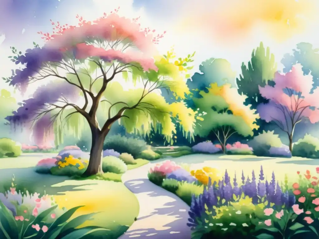 Obra de poesía a través de las épocas: un jardín sereno y soleado lleno de flores vibrantes en acuarela detallada en 8k