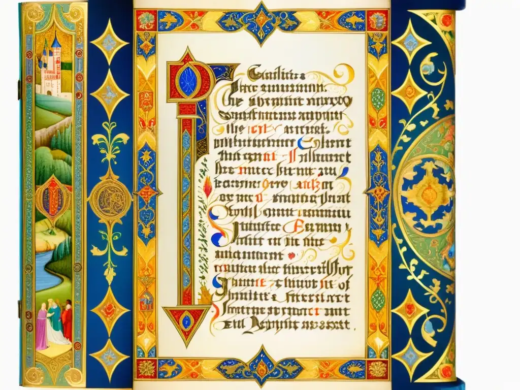 Una página iluminada de manuscrito con caligrafía e ilustraciones medievales europeas, transmitiendo una sensación de opulencia y belleza atemporal