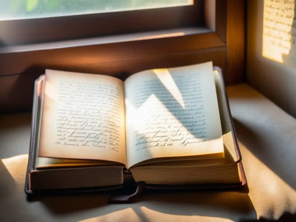 Una página de poesía antigua escrita a mano en un libro de cuero desgastado, iluminada por la suave luz del sol